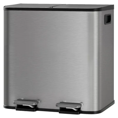 Image de Poubelle de cuisine - Double poubelle à pédale, 2 x 15 litres - Poubelle avec 2 compartiments - Couvercle à fermeture douce - Acier inoxydable - Gris