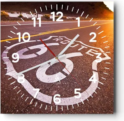 Produktbild von Wanduhr - Quadrat - Glasuhr - Usa wegweg 66 freiheit reise - 30x30cm - Schleichendes Uhrwerk - Lautlos - zum Aufhängen bereit - Dekoration Modern - Wanddekoration aus Glas - C4AC30x30-0443