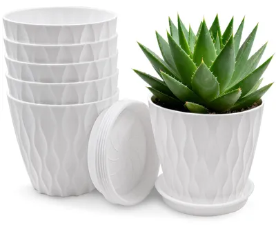 Produktbild von Omgoods – Set aus 6 weißen Pflanzentöpfen mit Untersetzern – ideal für den Innenbereich und den Balkon