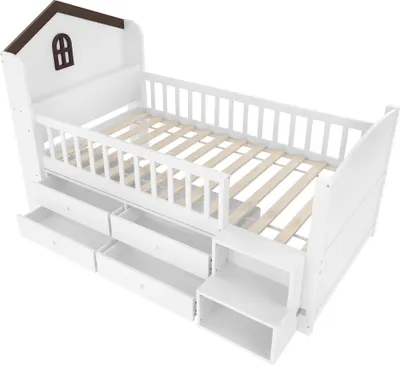 Produktbild von Flieks Kinderbett Hausbett 90x200cm, Etagenbett mit Led und Schubladen, Kinder Hochbett mit Treppe und Lattenrost, Weiß