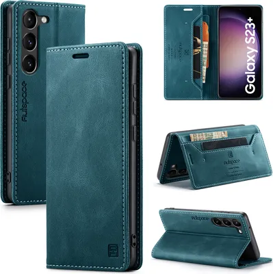 Produktbild von Galaxy S23+ Brieftasche Hülle, Retro Kunstledertasche Stand Schutzhülle für Samsung Galaxy S23+ Blau