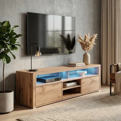 Image de BEAUTYSOFA | Meuble TV BELLA 140 cm avec LED | avec 2 portes et étagère ouverte | Meuble TV | Meubles de salon | Chêne Wotan | Style moderne