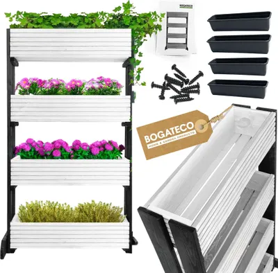 Image de Set de 4 pots de fleurs sur un support | Set de 4 pots de fleurs Pot de fleurs 64x20cm | Pot de fleurs en bois pour tomates et fleurs, pot de plantes pour jardin balcon | 120cm de haut WHITE
