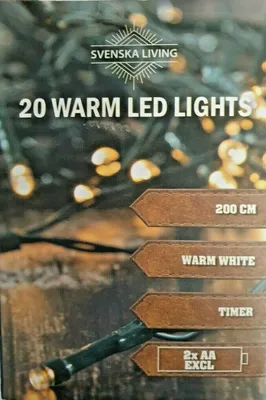 Produktbild von LED Lichterkette 20 Lämpchen grünes Kabel mit Timer warmweiß Batteriebetrieb