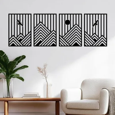 Produktbild von ESTART, 4 Stück, Schwarze, abstrakte Berg-Linien, Metall-Wandkunst, Moderne, geometrische Berg-Wanddekoration, Natürliche, abstrakte Linien, minimalistische Wandkunst-Skulpturen für Wohnzimmer, Schlafzimmer, Büro, Arbeitszimmer