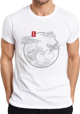 Produktbild von Japanische Welle Kranich Fuji Sonne Wolken Kreis Linienkunst Herren T-Shirt, Weiß, S