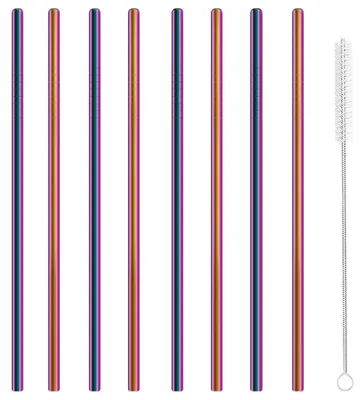 Immagine prodotto di Cannucce in acciaio inossidabile riutilizzabili, confezione da 8 pezzi, colorate, diametro 6 mm x lunghezza 215 mm, con spazzola per la pulizia