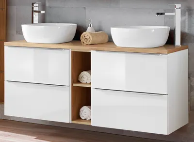 Produktbild von Doppelwaschtisch-Unterschrank 140cm mit 2 Keramikbecken TOSKANA-56 in Hochglanz weiß mit Wotaneiche, B/H/T ca.: 141/74,5/46 cm