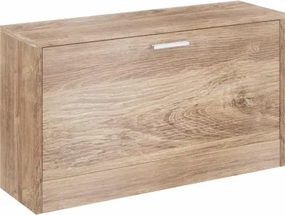 A single shoe cabinet with a wood grain finish and a silver handle.