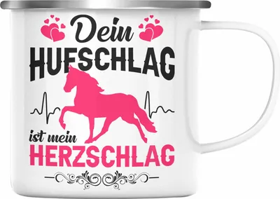 Produktbild von Trendation - Reiterin Emaille Tasse - Dein Hufschlag ist mein Herzschlag - Pferde Emaille Tasse Emaille Emaille Tasse Mädchen Geschenk Pferdeliebhaber Sprüche Reiten (Silber)