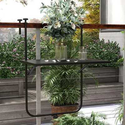Produktbild von Balkontisch klappbar für Geländer, Klapptisch Balkon höhenverstellbar, Stahl pulverbeschichtet, Schwarz | 62x60x85,5 cm | 6-15 cm Geländerbreite