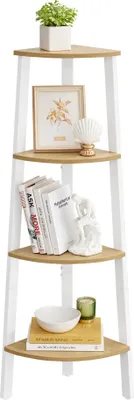 A four-tier corner shelf unit with a wood-look finish and white legs, decorated with various items.