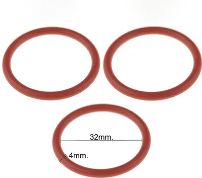 Three red O-rings are laid out on a white background. One O-ring in the foreground has dimensions indicated.