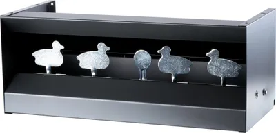 A metal shooting target with duck shapes inside a black enclosure.