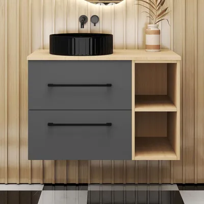 Produktbild von AICA Badezimmerschrank 80cm hängend mit gestreiftes Aufsatz-Waschbecken,2 Softclose-Schubladen,Eiche/Dunkelgrau