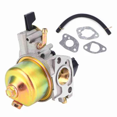 A carburetor and its associated parts are displayed against a white background.