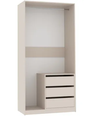 A partially assembled open wardrobe unit with a hanging rail and drawers.
