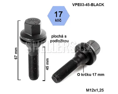 Obrázek produktu pro Kolový šroub M12x1,25x45, VPE03-45-BLACK, plochá podložka, CITROËN, FIAT, PEUGEOT, černý, klíč 17, výška 67 mm