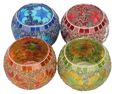 4er-Set Teelichthalter aus Mosaikglas, handgefertigt, bunt