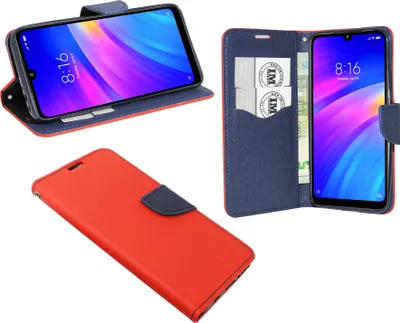 Produktbild von cofi1453® Buch Tasche "Fancy" kompatibel mit XIAOMI REDMI 7 Handy Hülle Etui Brieftasche Schutzhülle mit Standfunktion, Kartenfach Rot-Blau