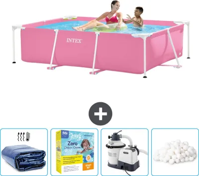 Produktbild von Intex-Schwimmbecken mit rechteckigem Rahmen – 220 x 150 x 60 cm – Rosa – im Lieferumfang enthalten Sonnensegel - Wartungspaket - Filterpumpe für Schwimmbad - Filterbälle
