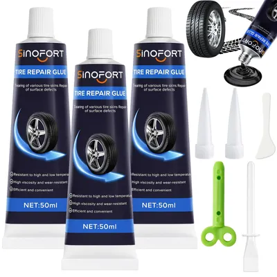 Produktbild von Reifenreparaturkleber Reifendichtmittel Reifenpannenset - 3 x 100 ml - Schwarz - Mit Spachtel und Applikator - Für Auto, Motorrad und Fahrrad
