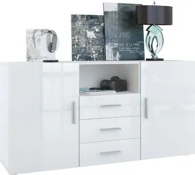 Produktbild von Vladon Sideboard Skadu, Kommode mit 2 Türen, 3 Schubladen und 1 offenem Fach, Weiß matt/Weiß Hochglanz (138,5 x 71,5 x 35 cm)
