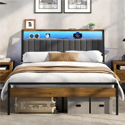 Produktbild von Yaheetech Polsterbett mit LED-Beleuchtung & Ladestation, Bettgestell 140 x 200 cm, mit Kopfteil & Lattenrost, Grau