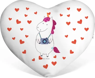 Produktbild von Mr. & Mrs. Panda Dekokissen Einhorn Fotograf - Weiß - Geschenk, Liebeskissen, Unicorn, Reise, dekoartikel, Kamera, Einhörner, Schmusekissen, Sofakissen, Herzkissen