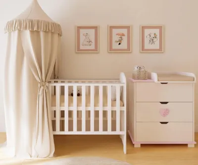 Produktbild von ZEE HEART Wickelkommode B:83 H:87 T:49 cm Weiß mit Rosa Herz 3 Schubladen Abnehmbarer Wickelaufsatz z Babykommode Skandinavisches Design
