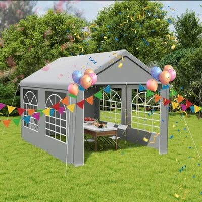 Obrázok produktu pre Stan 3x4 m, sivý, vodotesný, s UV ochranou, oceľová konštrukcia, materiál PE (200 g/m² pre plachtu, 130 g/m² pre bočné steny) s oknami