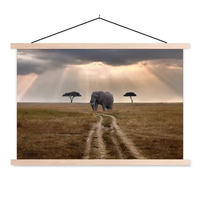Produktbild von MuchoWow® Textilposter Elefant - Tiere - Wiese - Sonne 120x80 cm mit holzfarbenen Rahmen - Aufhängeset