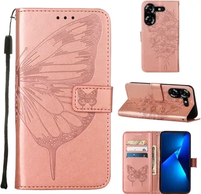 Produktbild von Lederhülle für Tecno Pova 5 LH7N Schmetterling Prägung Flip Ledertasche Kartenfächer Handyhülle mit Ständer Pink