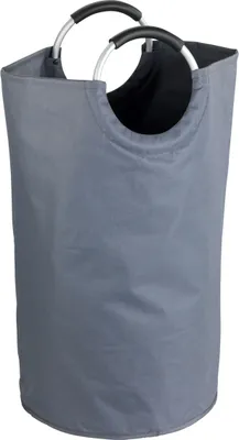A gray laundry basket with silver and black handles.