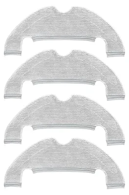 Four white microfiber mop cloths for a robot vacuum cleaner are laid out in a row against a white background.