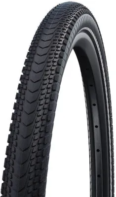 A close-up studio shot of a bicycle tire against a white background.
