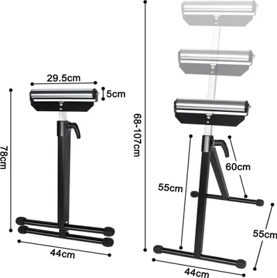 Two adjustable roller stands are shown with dimensions indicated by lines and text.