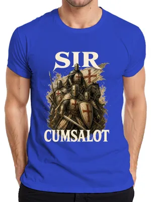 Productafbeelding van "Sir Cumsalot" ridderkruis, middeleeuws design, statement, sarcasme, heren T-shirt, blauw, maat 3XL