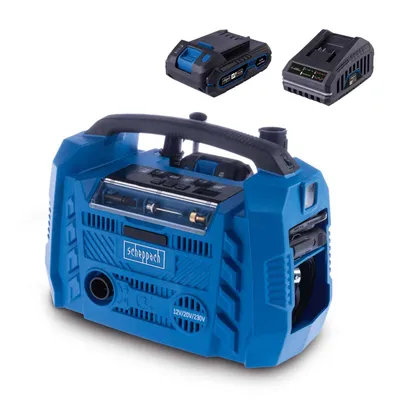 Produktbild von Scheppach Hybrid-Kompressor Airforce 6 - 10,3bar | ölfrei | 2 USB-Anschlüsse | 3 Antriebsarten | inkl. 2Ah Akku + 2,4A Ladegerät