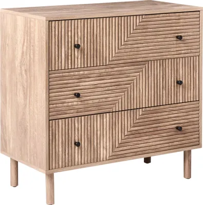 Produktbild von BELIANI Kommode Hellbraun MDF-Platte mit 3 Schubladen Rillen-Optik Helle Holzbeine Moderner Schubladenschrank Allzweickschrank Schlafzimmer Wohnzimmer