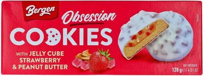 Produktbild von Bergen Obsession Cookies Jelly Cube Strawberry & Peanut Butter 128g