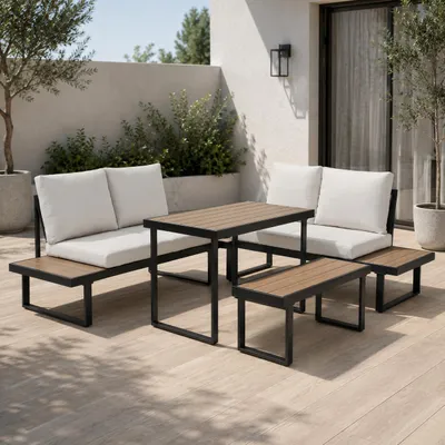 Obrázek produktu pro Domácí výroba, sada zahradního nábytku, nábytek na balkon, lounge nábytek, nábytek pro venkovní použití | 4dílná rohová sestava | 2 pohovky, 1 lavice, 1 stůl (110 cm) | Odnímatelné polštáře v béžové barvě, materiál: polywood | Vhodné pro zahradu, terasu, balkon | Barva: černá