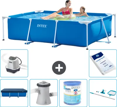 Produktbild von Intex-Schwimmbecken mit rechteckigem Rahmen – 220 x 150 x 60 cm – Blau – im Lieferumfang enthalten Abdeckung - Filterpumpe für Schwimmbad - Filter - Reinigungskit - Salzwassersystem - Poolsalz