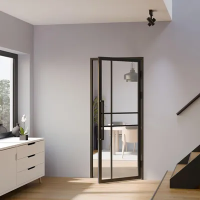 Produktbild von inova Loft-Glastür 834 x 1972 mm, DIN Rechts, Klarglas, Stahlrahmen Schwarz, Komplettset mit Zarge und Griffstange