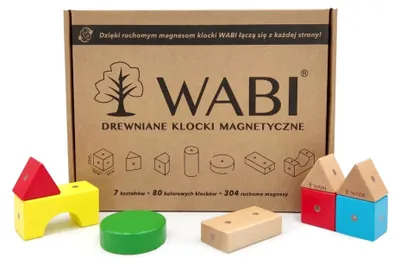 Obrázek produktu pro WABI Magnetické stavebnice, sada 80 dílů – dřevěná stavebnice s technologií Dynamic Magnet® (304 otočných neodymových magnetů), 7 tvarů, 5 barev, od 3 let, certifikováno podle CE a EN71