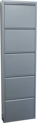 A tall, narrow, gray metal shoe cabinet with five flip-down doors is shown against a white background.