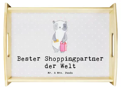 Produktbild von Mr. & Mrs. Panda Dekotablett Panda Bester Shoppingpartner der Welt - Grau Pastell - Geschenk, Snack Tablett, holz, serviertablett, aus, Shopping, Freundin, Geschenkidee