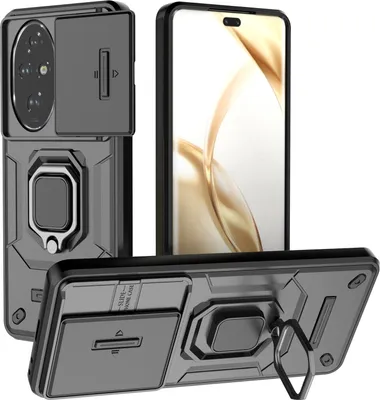 Image de Étui pour Honor 200 Pro étui double couche avec protection coulissante de l'appareil photo et support d'anneau, stand noir