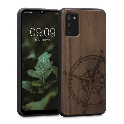 Produktbild von kwmobile Hülle kompatibel mit Samsung Galaxy A03s Hülle - Holz Case - Handy Cover - TPU Handyhülle in Dunkelbraun Kompass Vintage