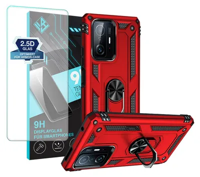 A red phone case with a ring holder and a screen protector are displayed against a white background.